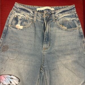 Tinseltown Light Blue High Rise Jeans with Floral and Butterfly Accents
